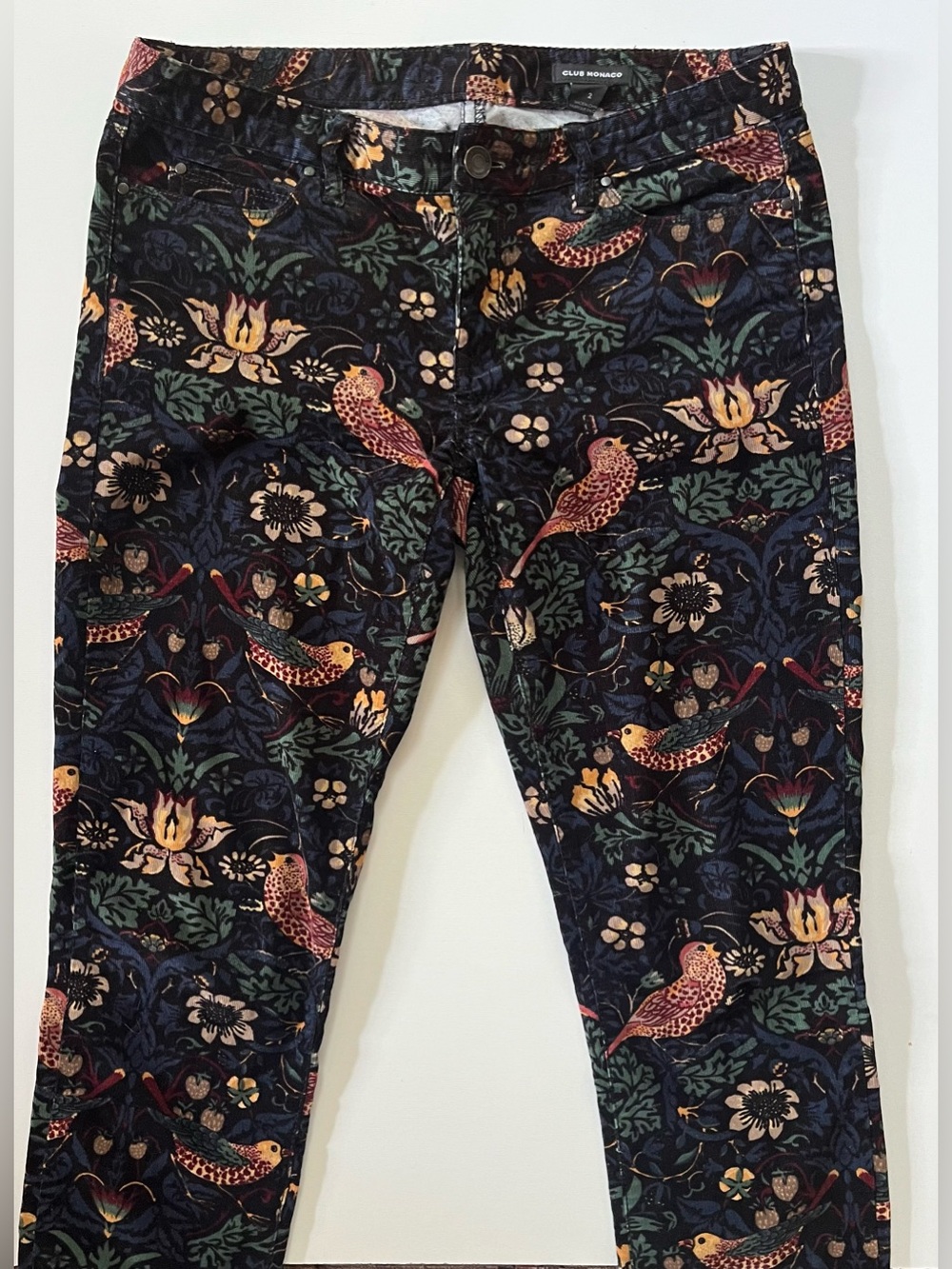 Club Monaco corduroy 5-pocket skinny jeans in a Bohemian bird print. Sz 2.